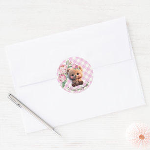Niedlicher Teddybär Rosa Gingham Blütendusche Runder Aufkleber
