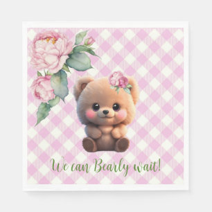 Niedlicher Teddybär Rosa Gingham Blütendusche Serviette