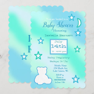 Niedlicher Teddybär, Sterne und Mond, blau und grü Einladung