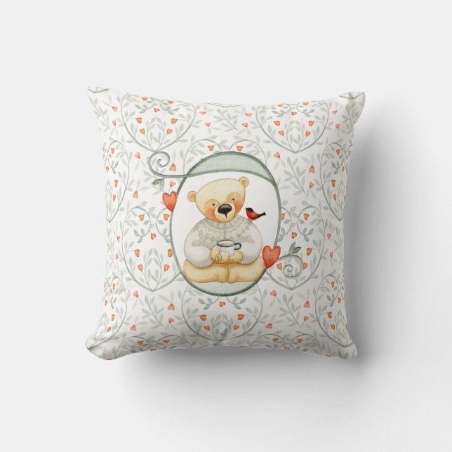 Niedlicher Teddybär und Herz Kissen (Vorderseite)