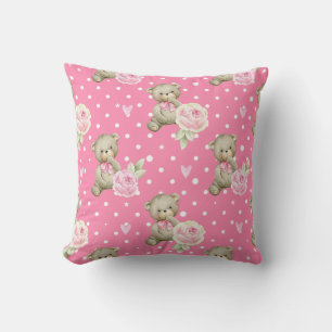 Niedlicher Teddybär und Peony Floral Pink Muster Kissen