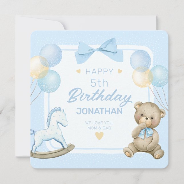 Niedlicher Teddybär und Rockpferd Einladung (Vorderseite)