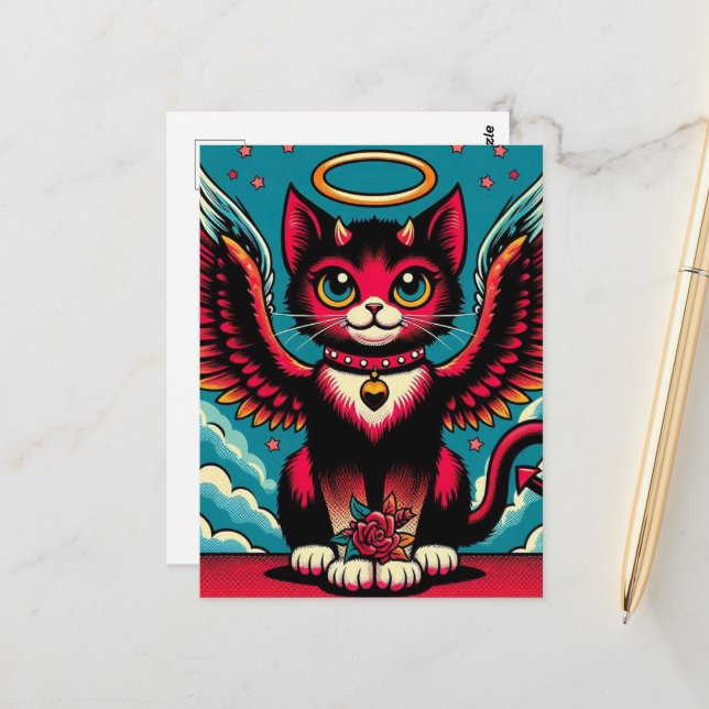 Niedlicher Teufel Angel Kitty mit Flügeln Postkarte (Vorderseite/Rückseite Beispiel)