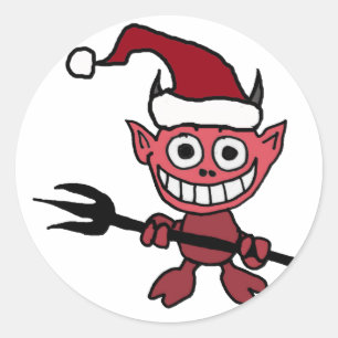 Niedlicher Teufel, der Sankt-Weihnachtshut trägt Runder Aufkleber