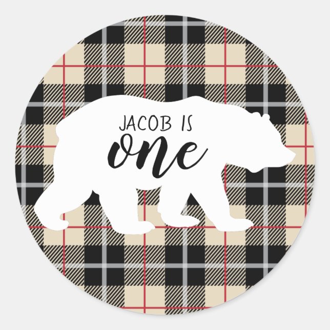 Niedlicher Thompson Camel Karierter Bär 1. Geburts Runder Aufkleber (Vorderseite)