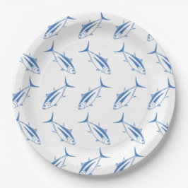 Niedlicher Thunfischfang in Ägäis, blau und weiß Pappteller