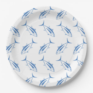 Niedlicher Thunfischfang in Ägäis, blau und weiß Pappteller