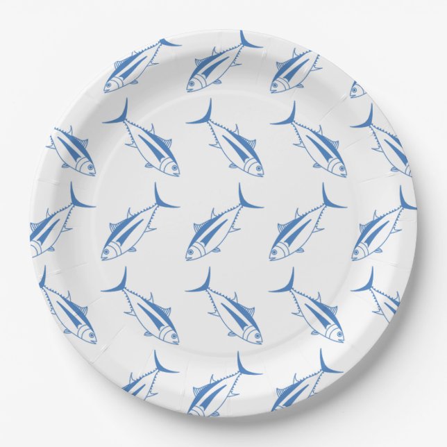 Niedlicher Thunfischfang in Ägäis, blau und weiß Pappteller (Vorderseite)