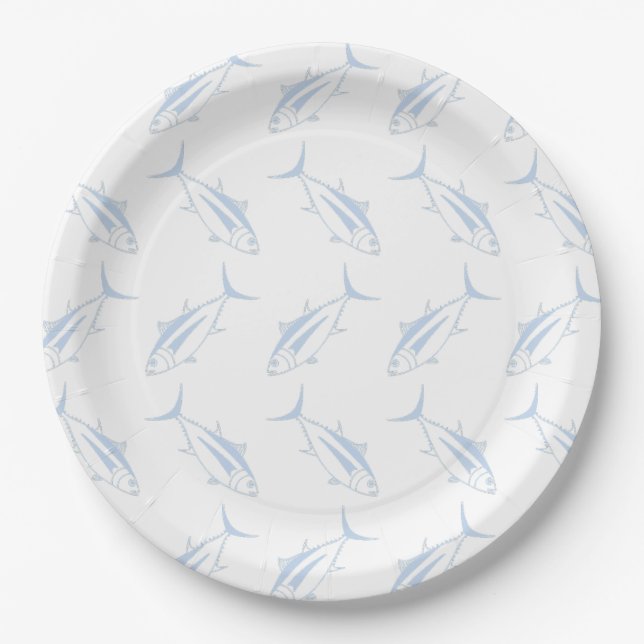 Niedlicher Thunfischfang in Pastel Blau und Weiß Pappteller (Vorderseite)