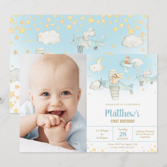Niedlicher Tiere Airplane Stars Sky Birthday Boy F Einladung (Vorne/Hinten)