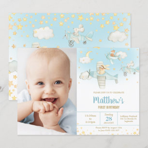 Niedlicher Tiere Airplane Stars Sky Birthday Boy F Einladung
