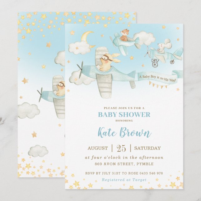 Niedlicher Tiere Airplanes Stars Sky Baby Shower B Einladung (Vorne/Hinten)
