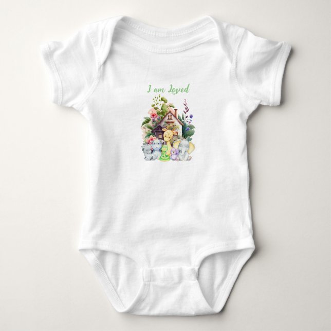 Niedlicher Tiere Baby Bodysuit | Ich bin geliebt Baby Strampler (Vorderseite)