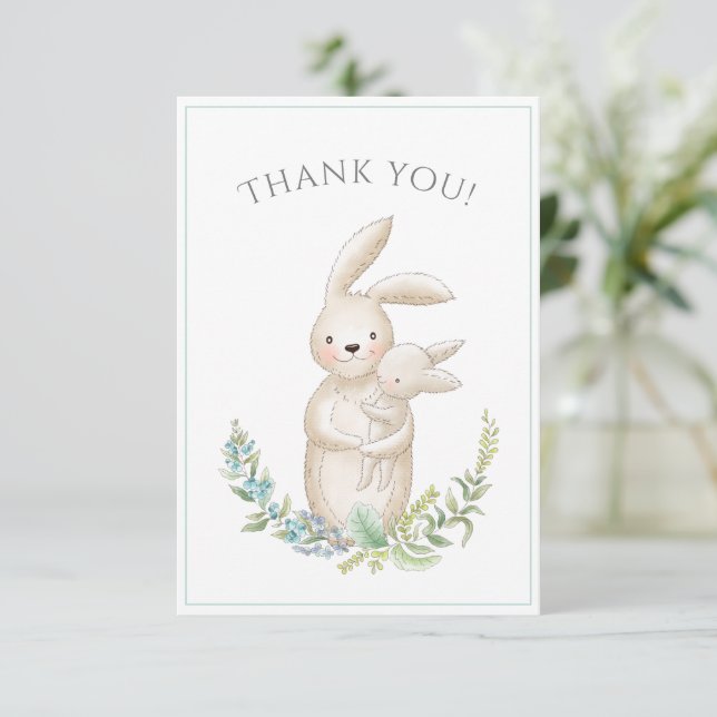 Niedlicher Tiere Bunny Green Baby Dusche Vielen Da Dankeskarte (Stehend Vorderseite)