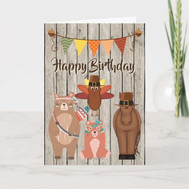 Niedlicher Tiere Erntedank Happy Birthday Karte (Vorderseite)