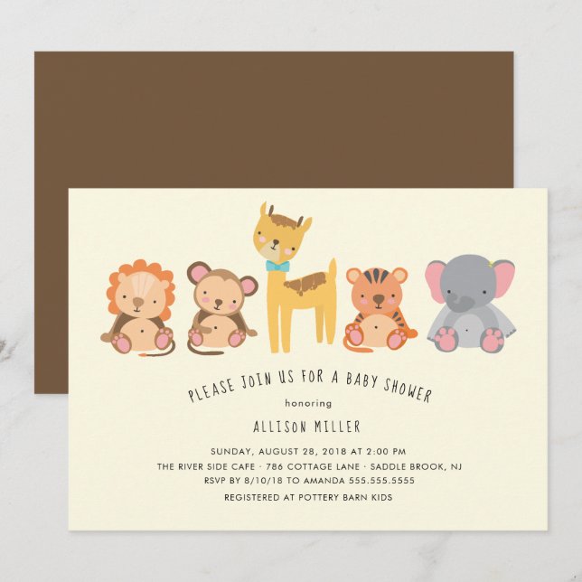 Niedlicher Tiere Jungle Baby Dusche Einladung (Vorne/Hinten)