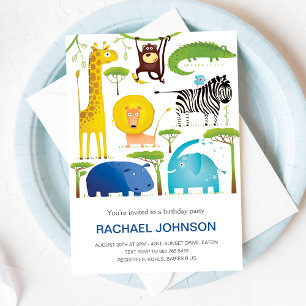 Niedlicher Tiere Jungle Fun Geburtstag Kinder Blau Einladung