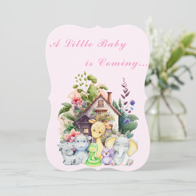 Niedlicher Tiere Kinderdusche Einladung | Rosa (Stehend Vorderseite)