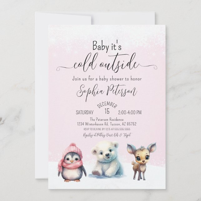 Niedlicher Tiere Winter Baby Girl Dusche Einladung (Vorderseite)