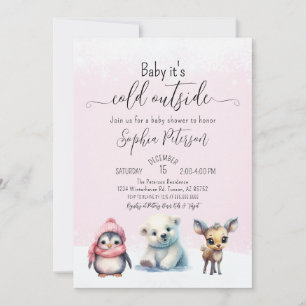 Niedlicher Tiere Winter Baby Girl Dusche Einladung