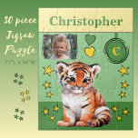 Niedlicher Tiger Foto Name Grün-Gelb-Kinder<br><div class="desc">30 Stück Puzzle für Kinder. Mit einem niedlichen Tiger,  mit Sternen und Lieben. Fügen Sie einen Namen,  ein Initial und ein Foto hinzu. Farbschema: Grün und Gelb Geschenkidee für Kinder.</div>