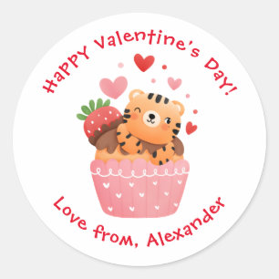 Niedlicher Tiger in Cupcake Custom Kids Valentinst Runder Aufkleber