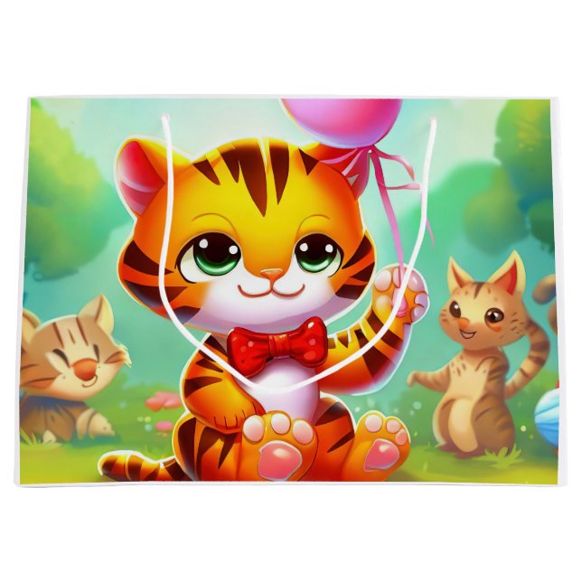 Niedlicher Tiger mit Ballondarstellung Große Geschenktüte (Vorderseite)