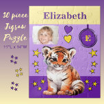 Niedlicher Tigername lila Gelbe Fotos<br><div class="desc">30 Stück Puzzle für Kinder. Mit einem niedlichen Tiger, mit Sternen und Lieben. Fügen Sie einen Namen, ein Initial und ein Foto hinzu. Farbschema: lila und gelbe Geschenkidee für Kinder.</div>