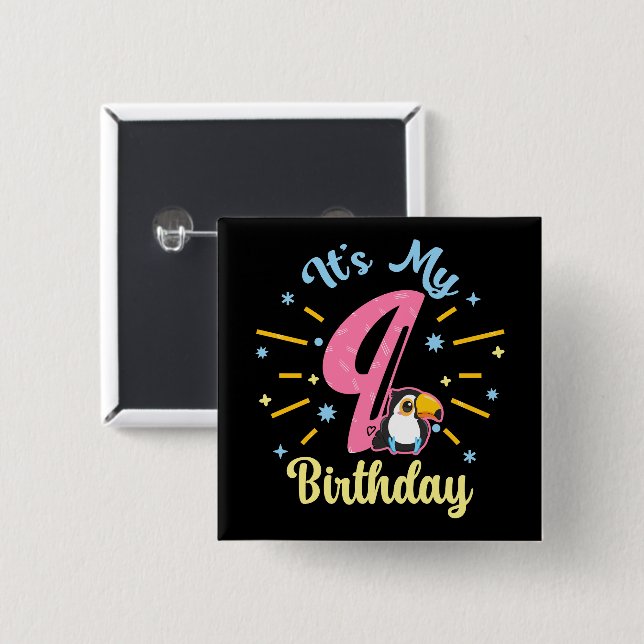 Niedlicher Toucan 9. Geburtstag 89. Geburtshaus Button (Vorne & Hinten)