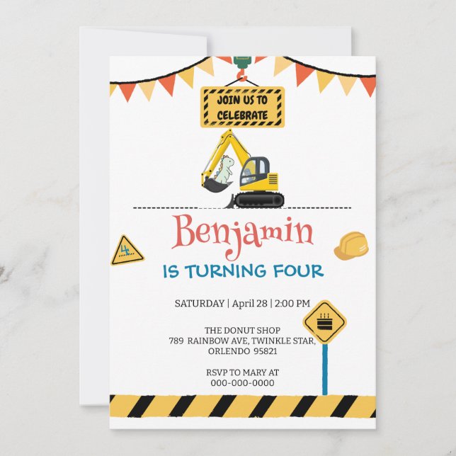 Niedlicher Traktor für Regenbogendinosaurier Einladung (Vorderseite)