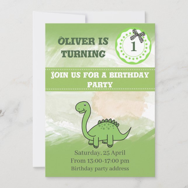 Niedlicher trendiger Aquarell lustiger Dinosaurier Einladung (Vorderseite)