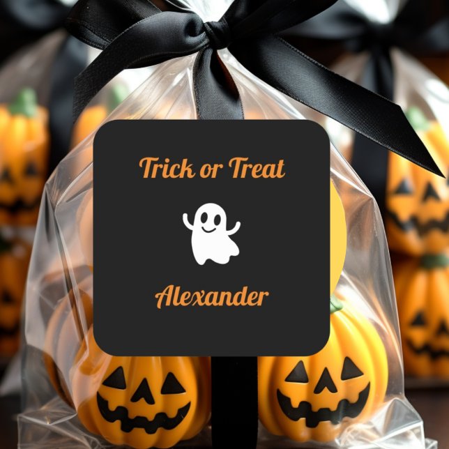 Niedlicher Trick oder Treat Halloween-Geistername Quadratischer Aufkleber (Von Creator hochgeladen)
