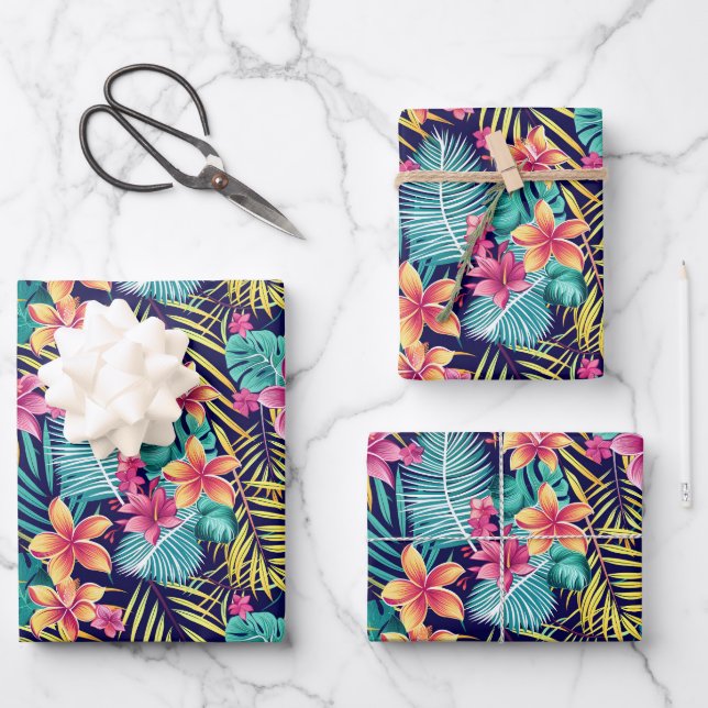 Niedlicher Tropendschungel mit Blumenkacheln Geschenkpapier Set (Vorderseite)