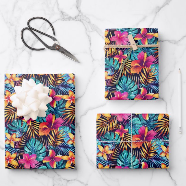 Niedlicher Tropendschungel mit Blumenkacheln Geschenkpapier Set (Vorderseite)