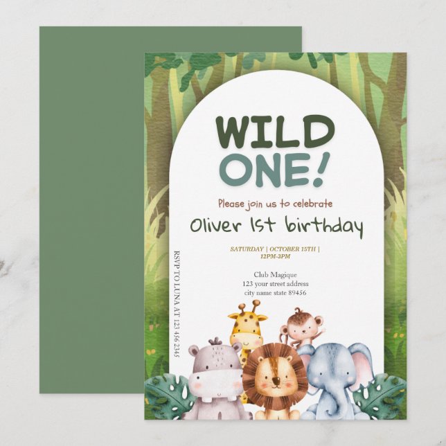 Niedlicher Tropischer Jungle Safari Wild 1. Geburt Einladung (Vorne/Hinten)