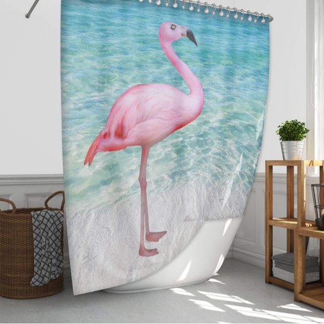 Niedlicher tropischer Pink Flamingo Ocean Beach Duschvorhang (Von Creator hochgeladen)