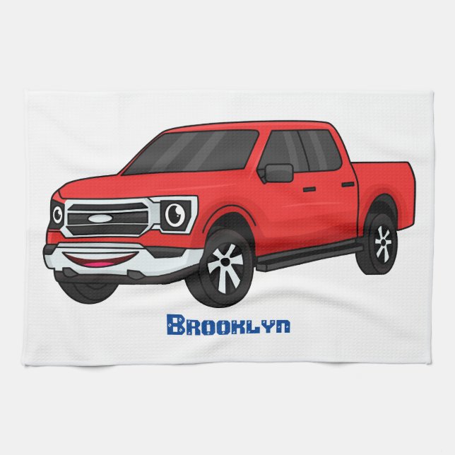 Niedlicher Truck-Cartoon mit rotem Lieferwagen Geschirrtuch (Horizontal)