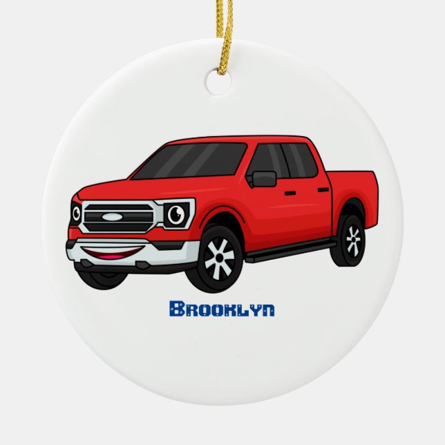 Niedlicher Truck-Cartoon mit rotem Lieferwagen Keramik Ornament (Vorne)