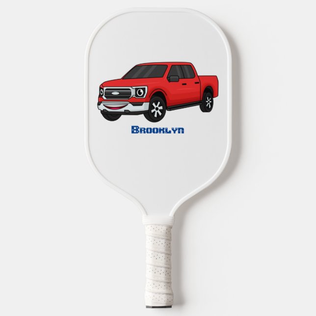 Niedlicher Truck-Cartoon mit rotem Lieferwagen Pickleball Schläger (Vorderseite)