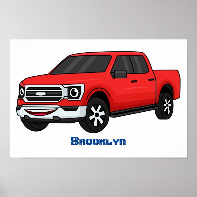 Niedlicher Truck-Cartoon mit rotem Lieferwagen Poster (Vorne)