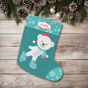 Niedlicher Türkis-Schneeflocken-Schlittschuhbär Großer Weihnachtsstrumpf