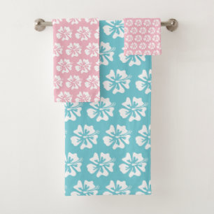 Niedlicher Türkis und rosa hawaiische Blume mit Badhandtuch Set