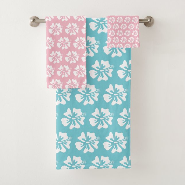 Niedlicher Türkis und rosa hawaiische Blume mit Badhandtuch Set (Insitu)