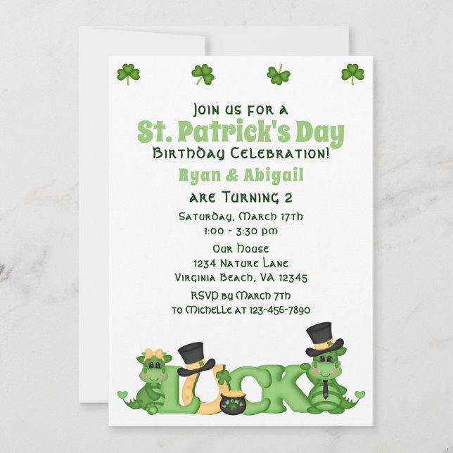 Niedlicher Twin Boy und Girl St. Patrick's Day Geb Einladung (Vorderseite)