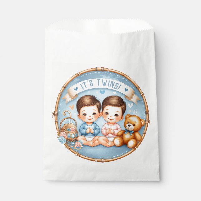 Niedlicher Twin Boys Baby Dusche Wasserfarbe Teddy Geschenktütchen (Vorderseite)