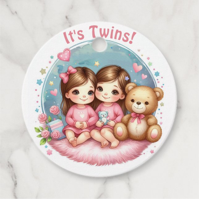 Niedlicher Twin Girl's Baby Shower Watercolor Tedd Geschenkanhänger (Vorderseite)