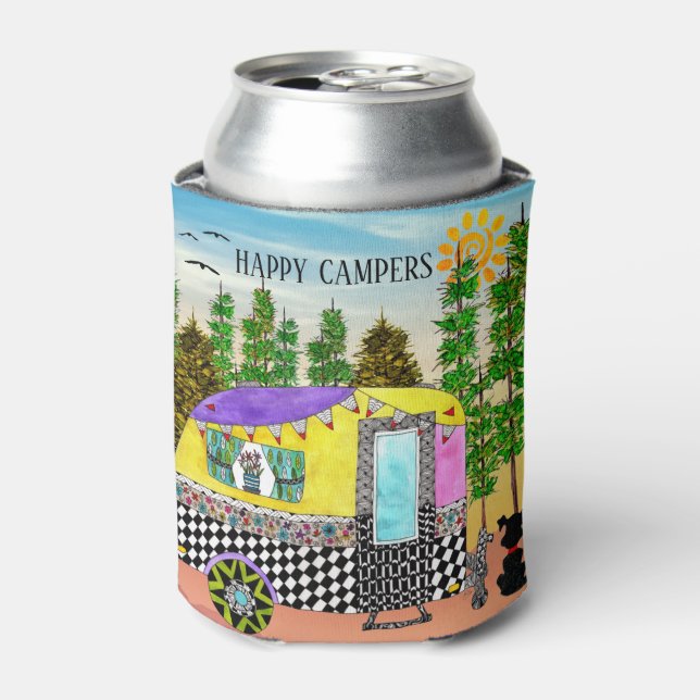 Niedlicher und farbenfroher Happy Camper Dosenkühler (Kanne Vorderseite)