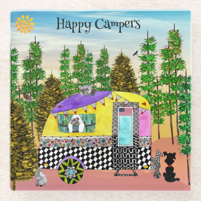 Niedlicher und farbenfroher Happy Camper Glass Unt Glasuntersetzer (Vorderseite)