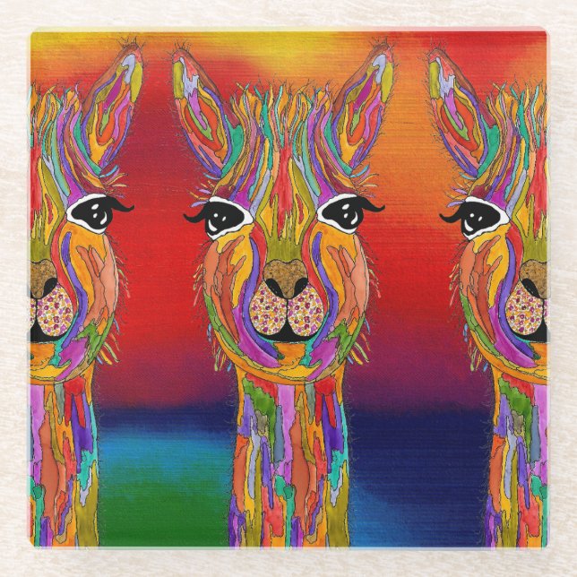 Niedlicher und farbenfroher Lama Glass Untersetzer (Vorderseite)