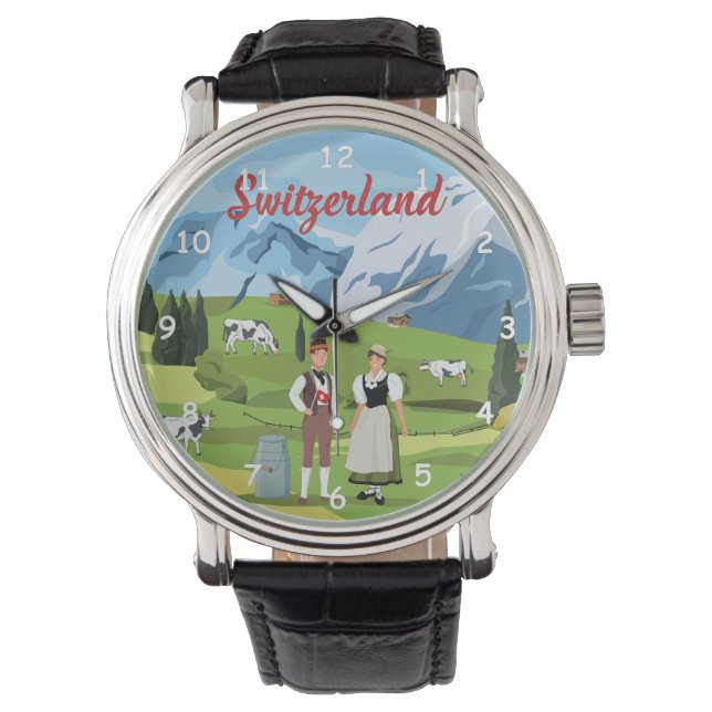 Niedlicher und farbenfroher Schweizer Cartoon Zeic Armbanduhr (Vorderseite)